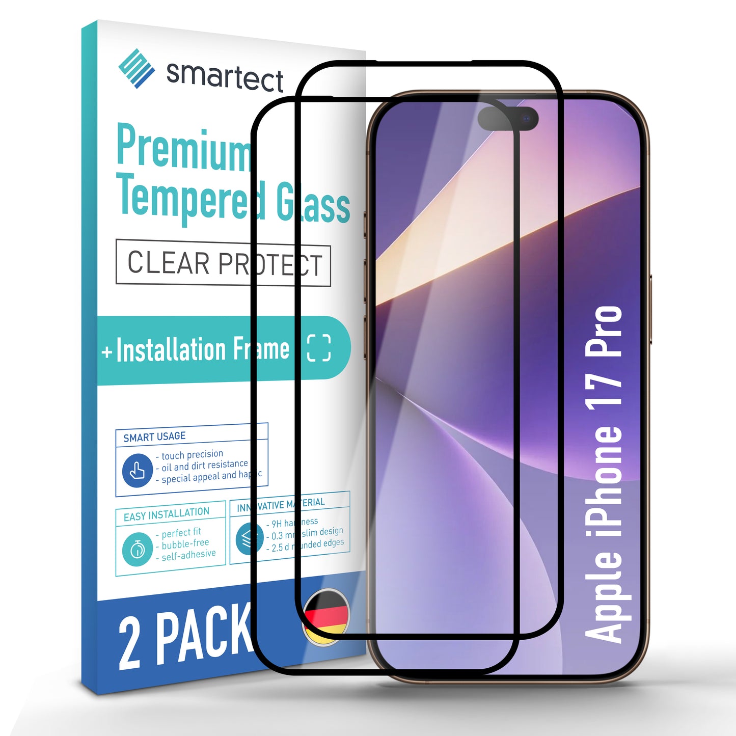 smartect Schutzglas Full Screen für Apple iPhone 17 Pro, 2 Stück + Positionierhilfe