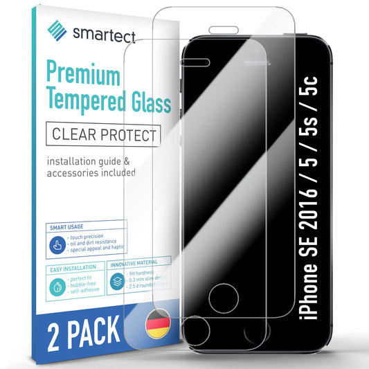 smartect Schutzglas Klar für iPhone SE 2016 / 5 / 5s / 5c, 2 Stück
