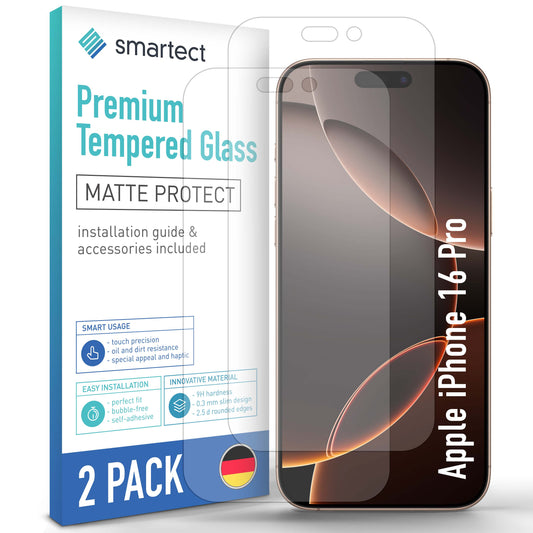 smartect Schutzglas Matt für iPhone 16 Pro, 2 Stück