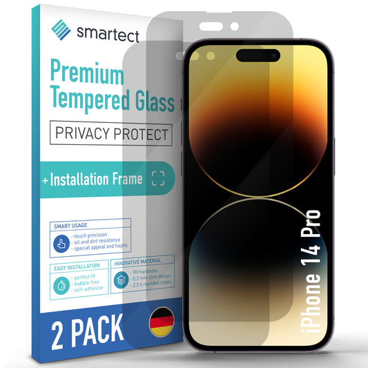 smartect Schutzglas Privacy für iPhone 14 Pro, 2 Stück + Positionierhilfe