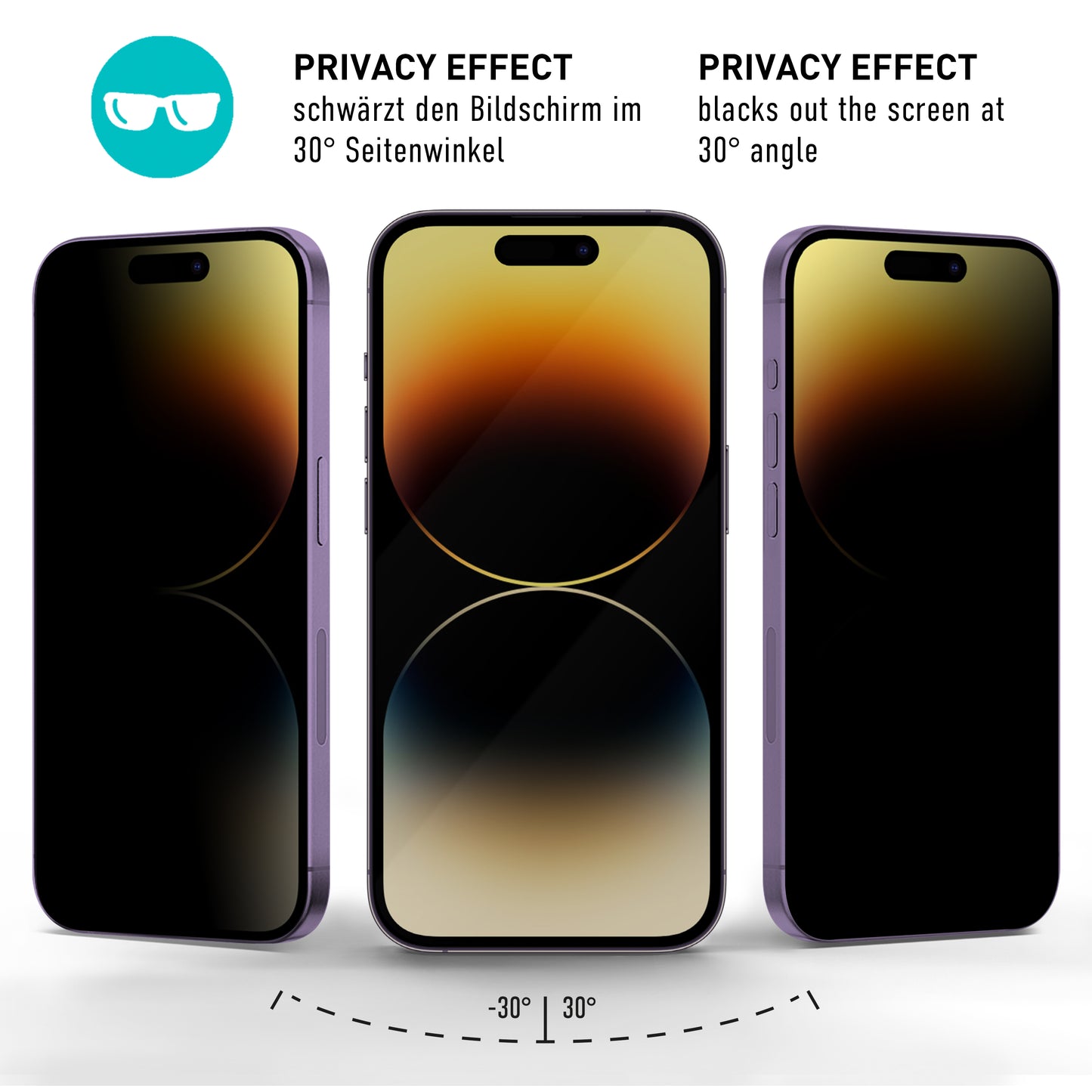 smartect Schutzglas Privacy für iPhone 14 Pro, 2 Stück + Positionierhilfe