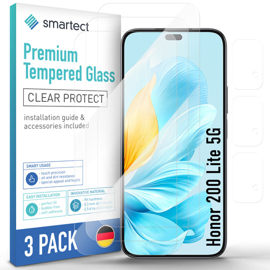 smartect Schutzglas Klar für Honor 200 Lite 5G, 3 x Front + 3 x Cam