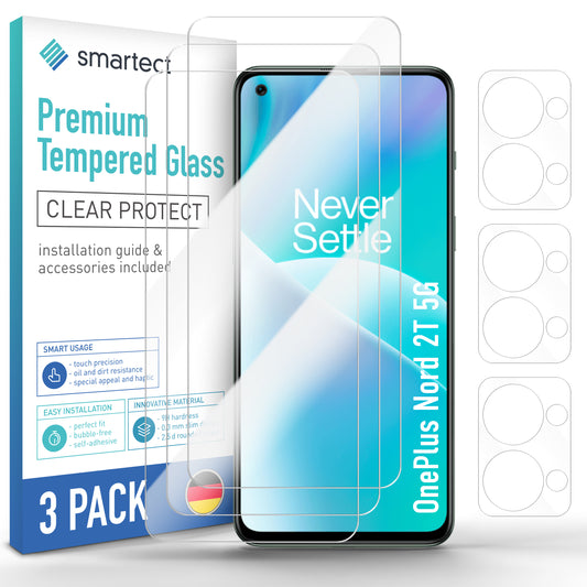 smartect Schutzglas Klar für OnePlus Nord 2T 5G, 3 x Front + 3 x Cam