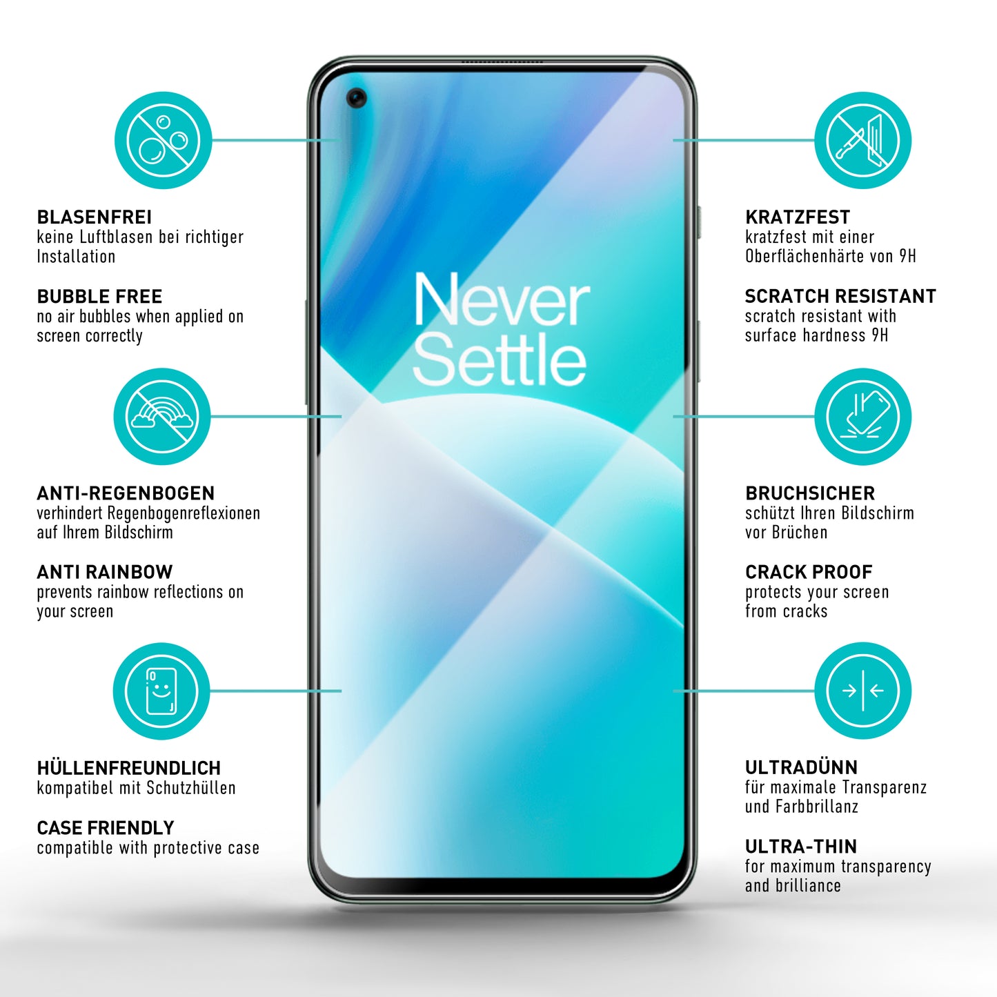 smartect Schutzglas Klar für OnePlus Nord 2T 5G, 3 x Front + 3 x Cam