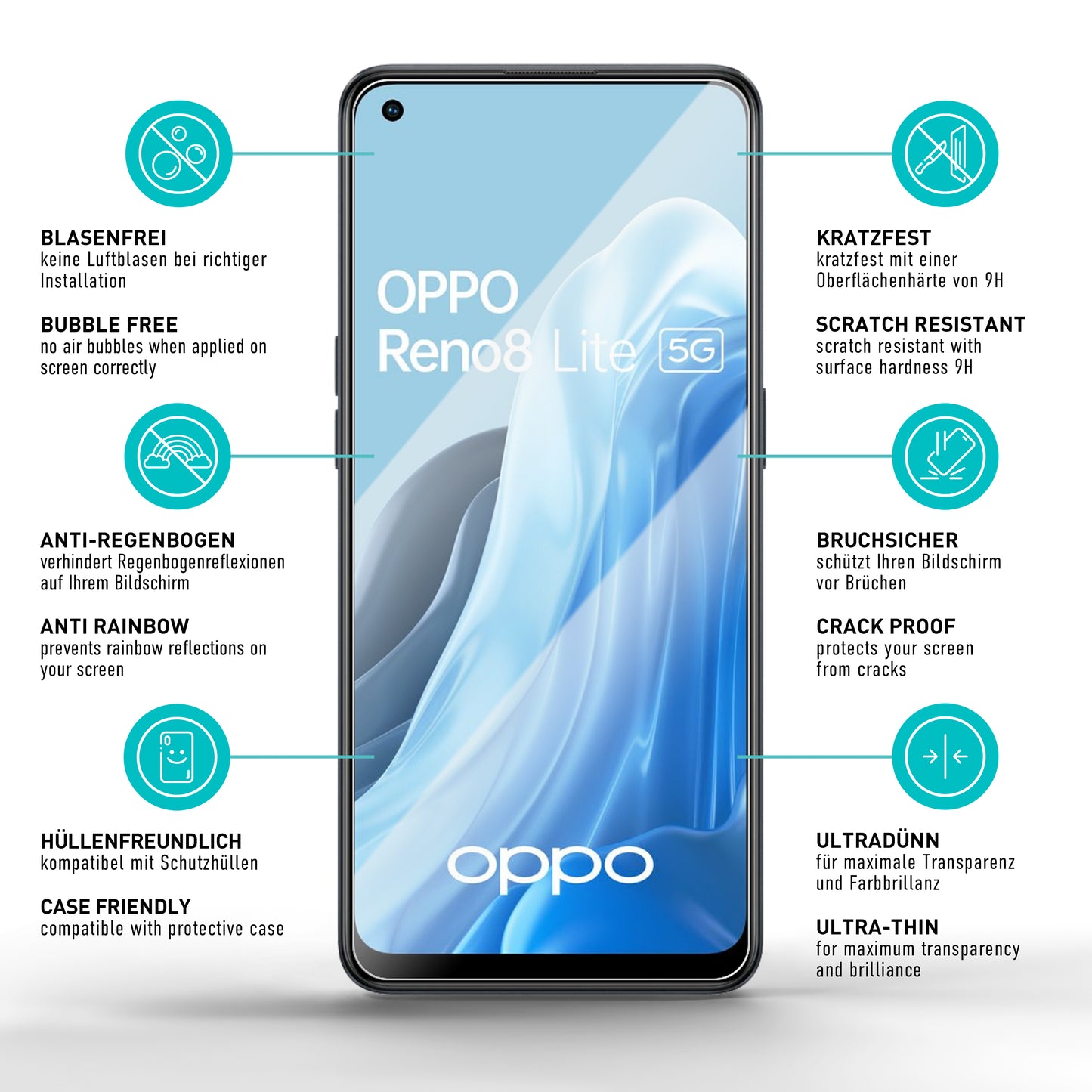 smartect Schutzglas Klar für Oppo Reno 8 Lite, 3 x Front + 3 x Cam