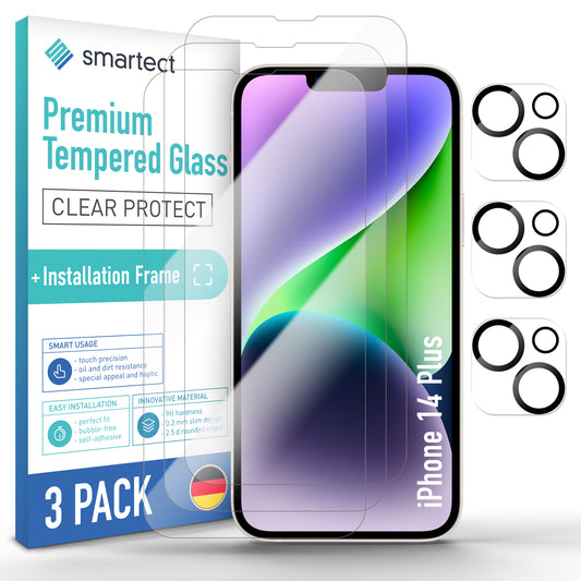 smartect Schutzglas Klar für iPhone 14 Plus, 3 x Front + 3 x Cam + Positionierhilfe