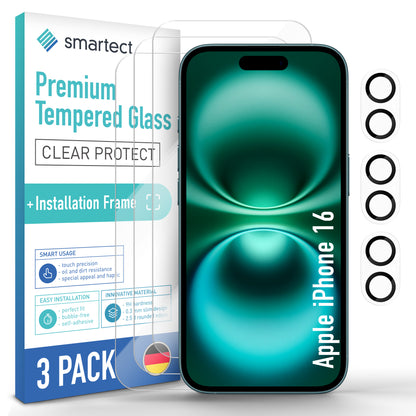 smartect Schutzglas Klar für iPhone 16, 3 x Front + 3 x Cam + Positionierhilfe