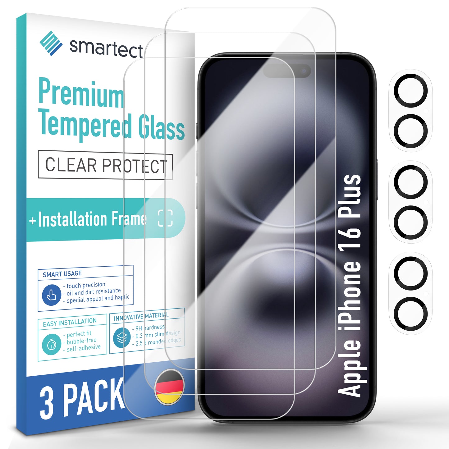 smartect Schutzglas Klar für iPhone 16 Plus, 3 x Front + 3 x Cam + Positionierhilfe