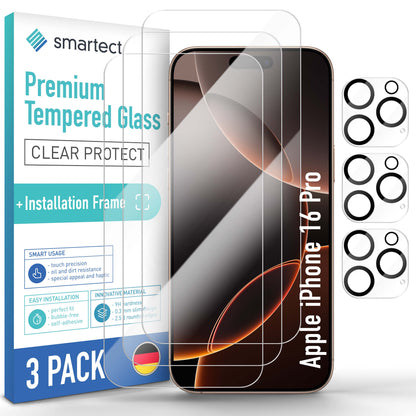 smartect Schutzglas Klar für iPhone 16 Pro, 3 x Front + 3 x Cam + Positionierhilfe