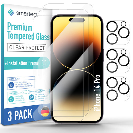 smartect Schutzglas Klar für iPhone 14 Pro, 3 x Front + 3 x Cam + Positionierhilfe