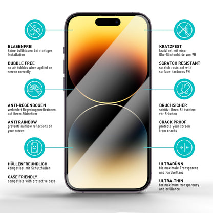 smartect Schutzglas Klar für iPhone 14 Pro, 3 x Front + 3 x Cam + Positionierhilfe