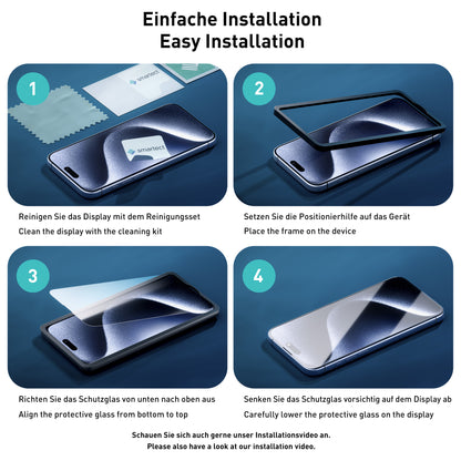 smartect Schutzglas Full Screen für iPhone 15, 2 x Front + 2 x Cam + Positionierhilfe