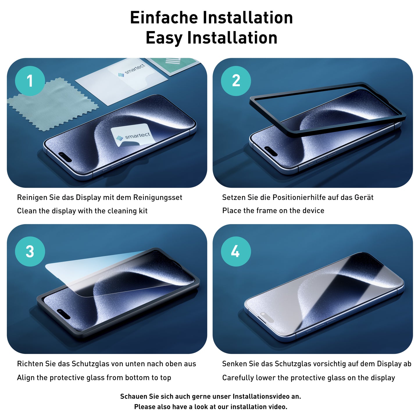 smartect Schutzglas Full Screen für iPhone 14, 2 x Front + 2 x Cam + Positionierhilfe