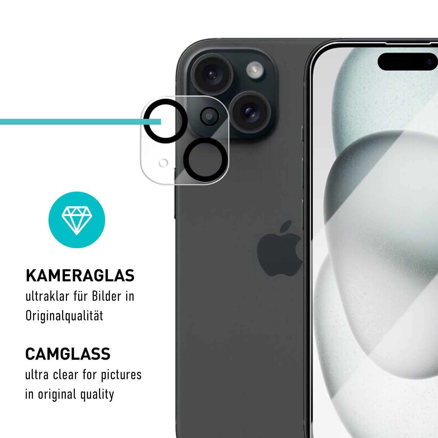 smartect Schutzglas Klar für iPhone 15, 3 x Front + 3 x Cam + Positionierhilfe