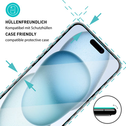 smartect Schutzglas Klar für iPhone 15 Plus, 3 x Front + 3 x Cam + Positionierhilfe