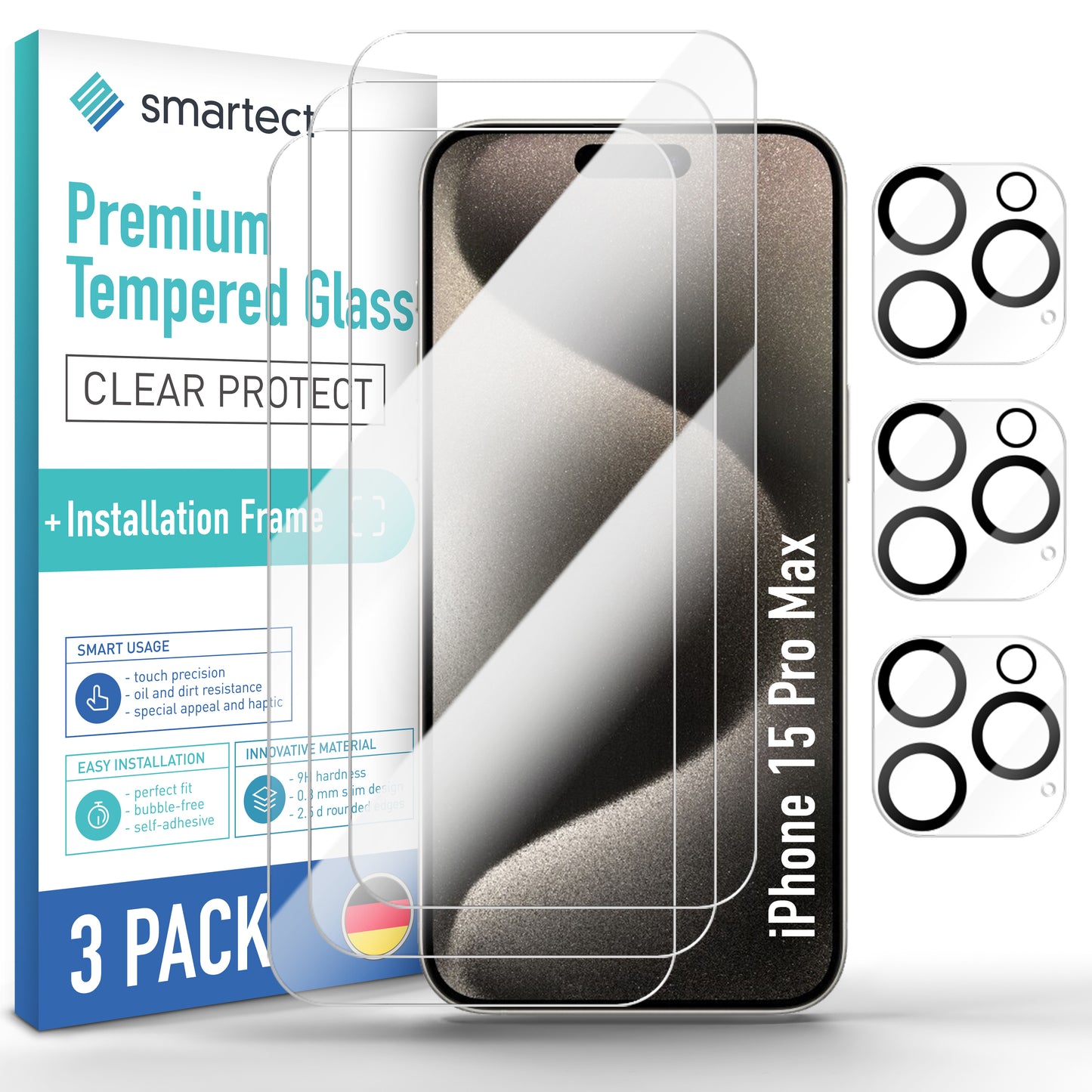 smartect Schutzglas Klar für iPhone 15 Pro Max, 3 x Front + 3 x Cam + Positionierhilfe
