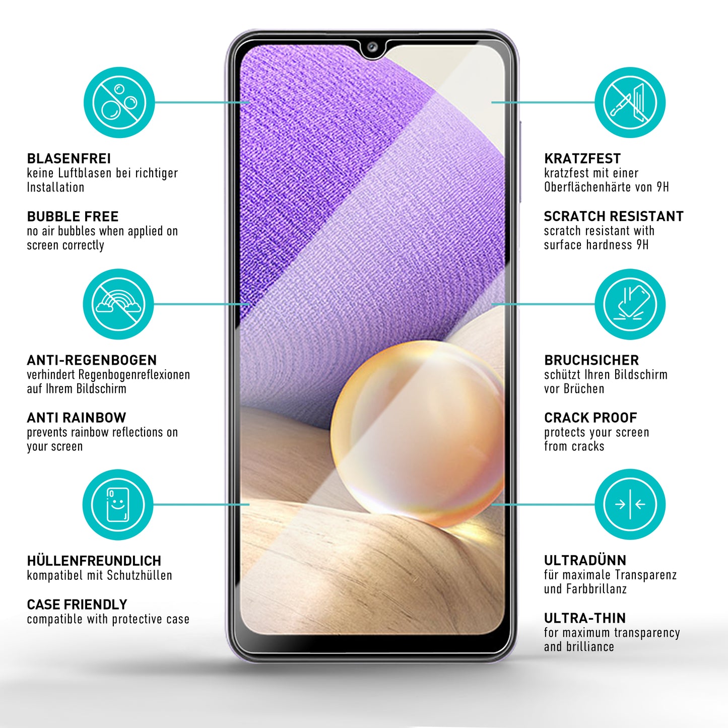 smartect Schutzglas Klar für Samsung Galaxy A32 5G, 3 x Front + 3 x Cam