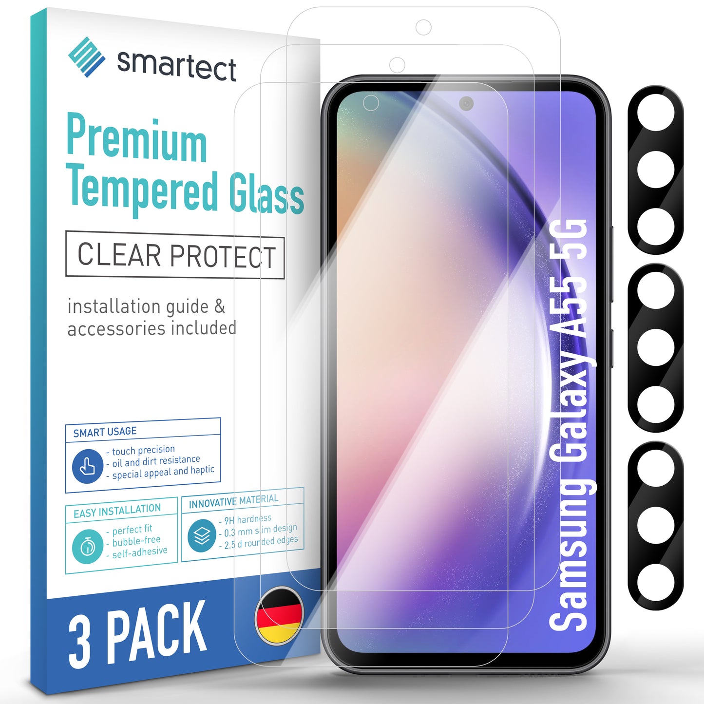 smartect Schutzglas Klar für Samsung Galaxy A55 5G, 3 x Front + 3 x Cam