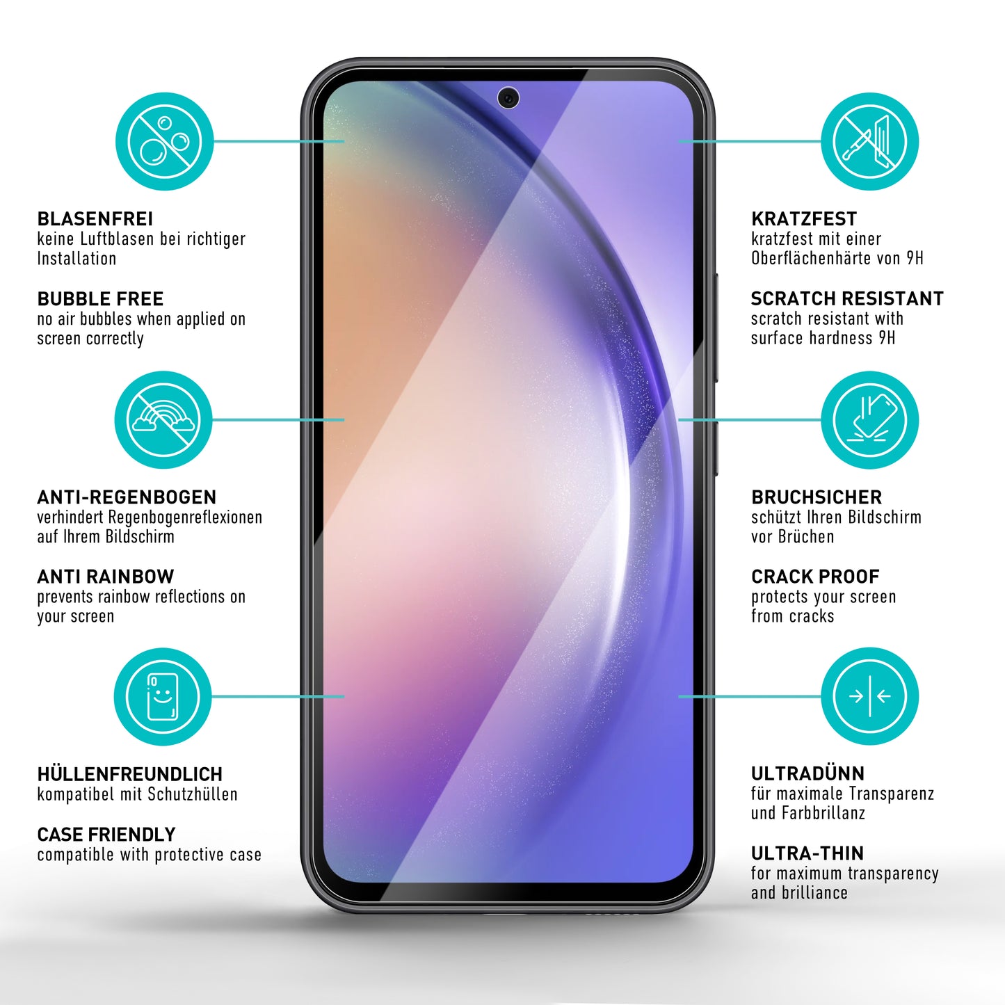 smartect Schutzglas Klar für Samsung Galaxy A55 5G, 3 x Front + 3 x Cam