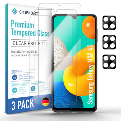 smartect Schutzglas Klar für Samsung Galaxy M32 4G, 3 x Front + 3 x Cam