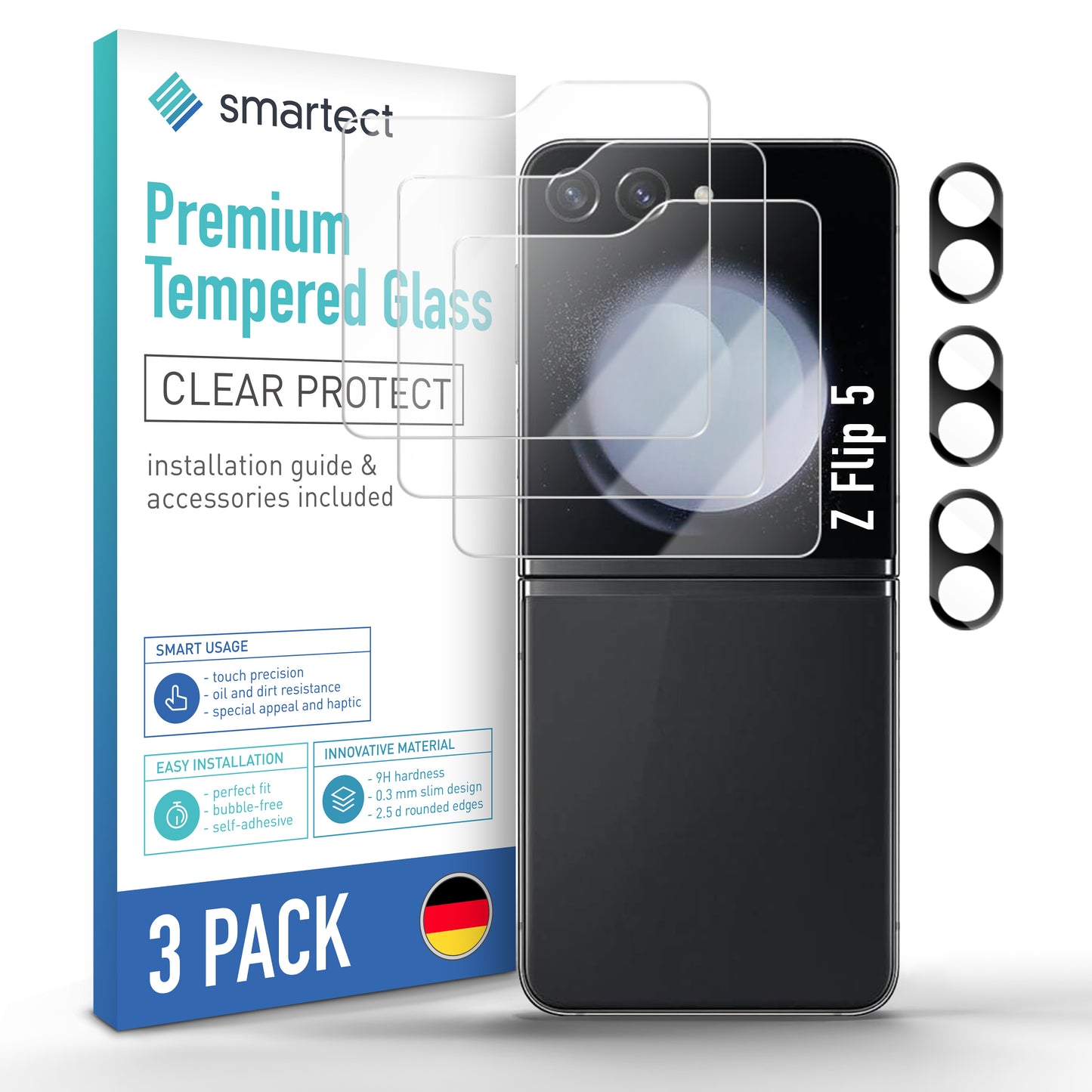 smartect Schutzglas Klar für Samsung Galaxy Z Flip 5, 3 x Front + 3 x Cam