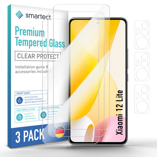 smartect Schutzglas Klar für Xiaomi 12 Lite, 3 x Front + 3 x Cam