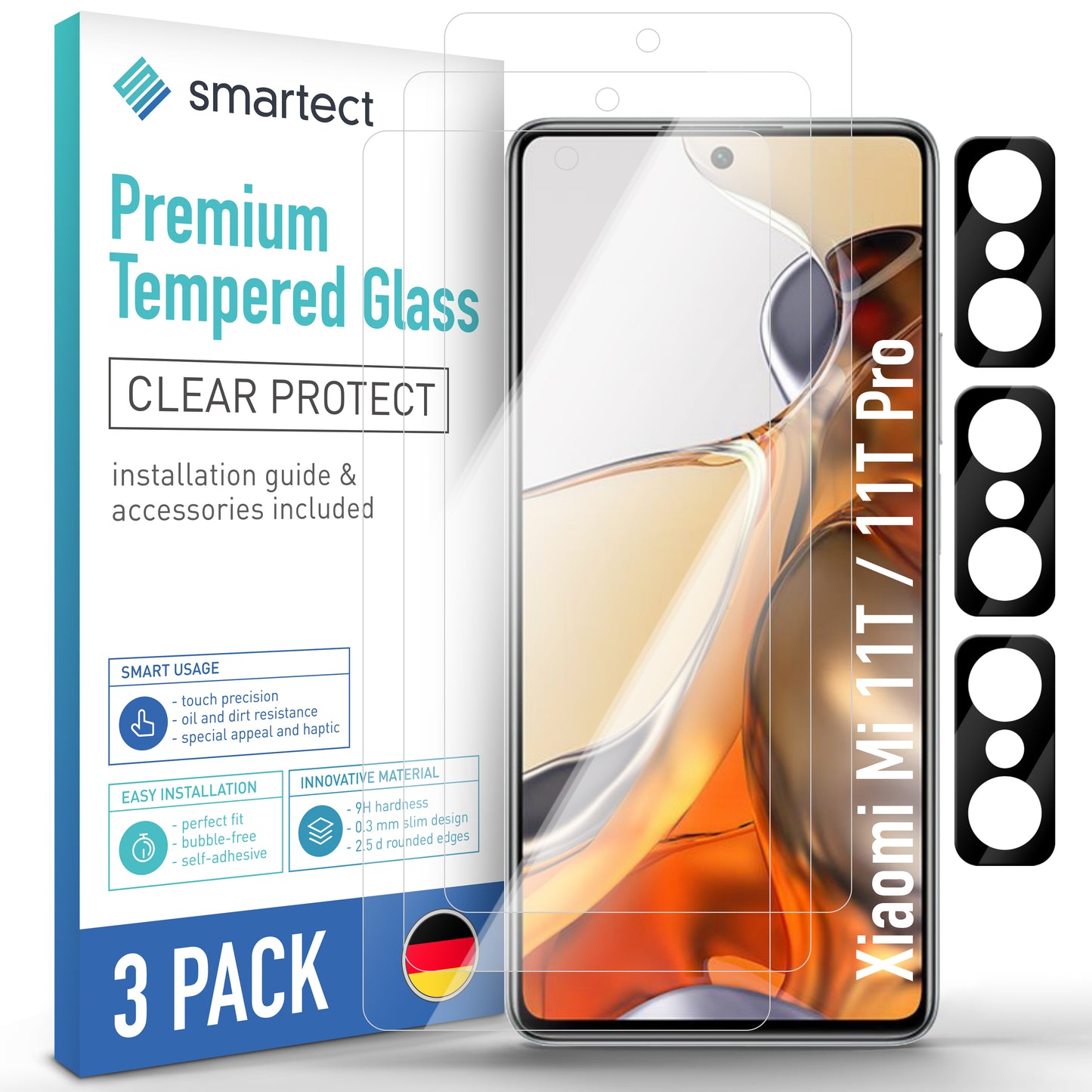 smartect Schutzglas Klar für Xiaomi Mi 11T / 11T Pro, 3 x Front + 3 x Cam