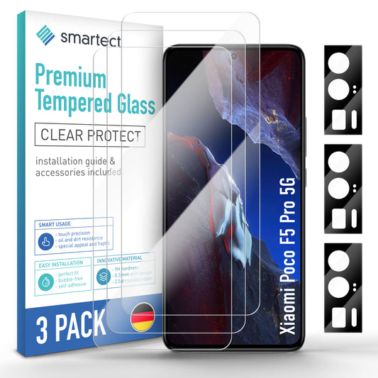 smartect Schutzglas Klar für Xiaomi Poco F5 Pro 5G, 3 x Front + 3 x Cam
