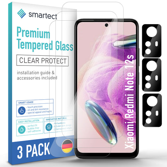 smartect Schutzglas Klar für Xiaomi Redmi Note 12s, 3 x Front + 3 x Cam