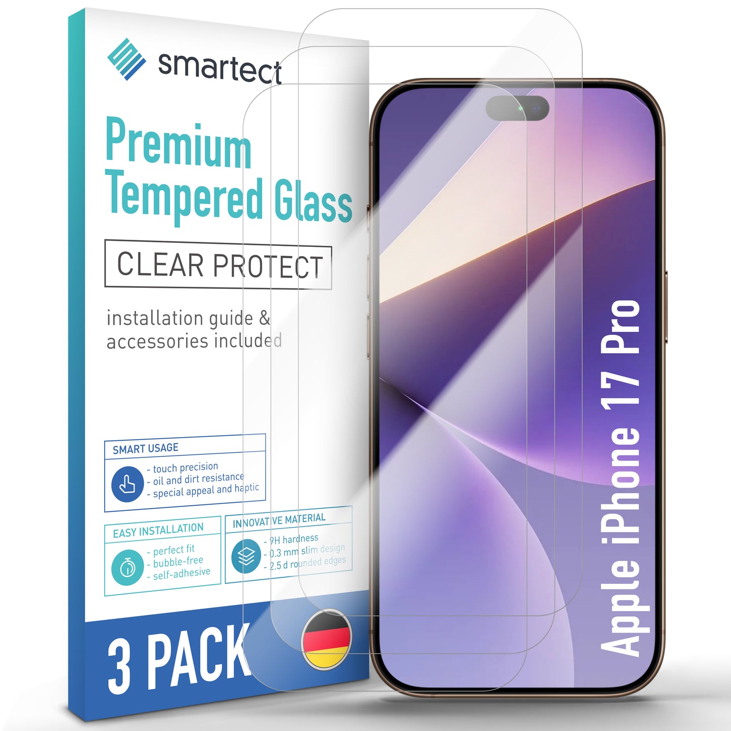 smartect Schutzglas Klar für Apple iPhone 17 Pro, 3 Stück