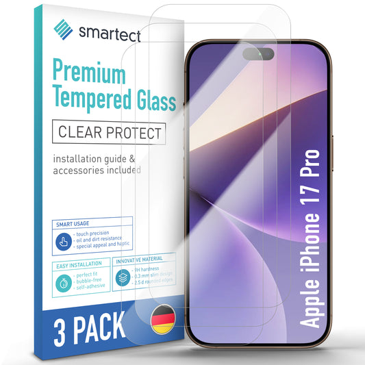 smartect Schutzglas Klar für Apple iPhone 17 Pro, 3 Stück