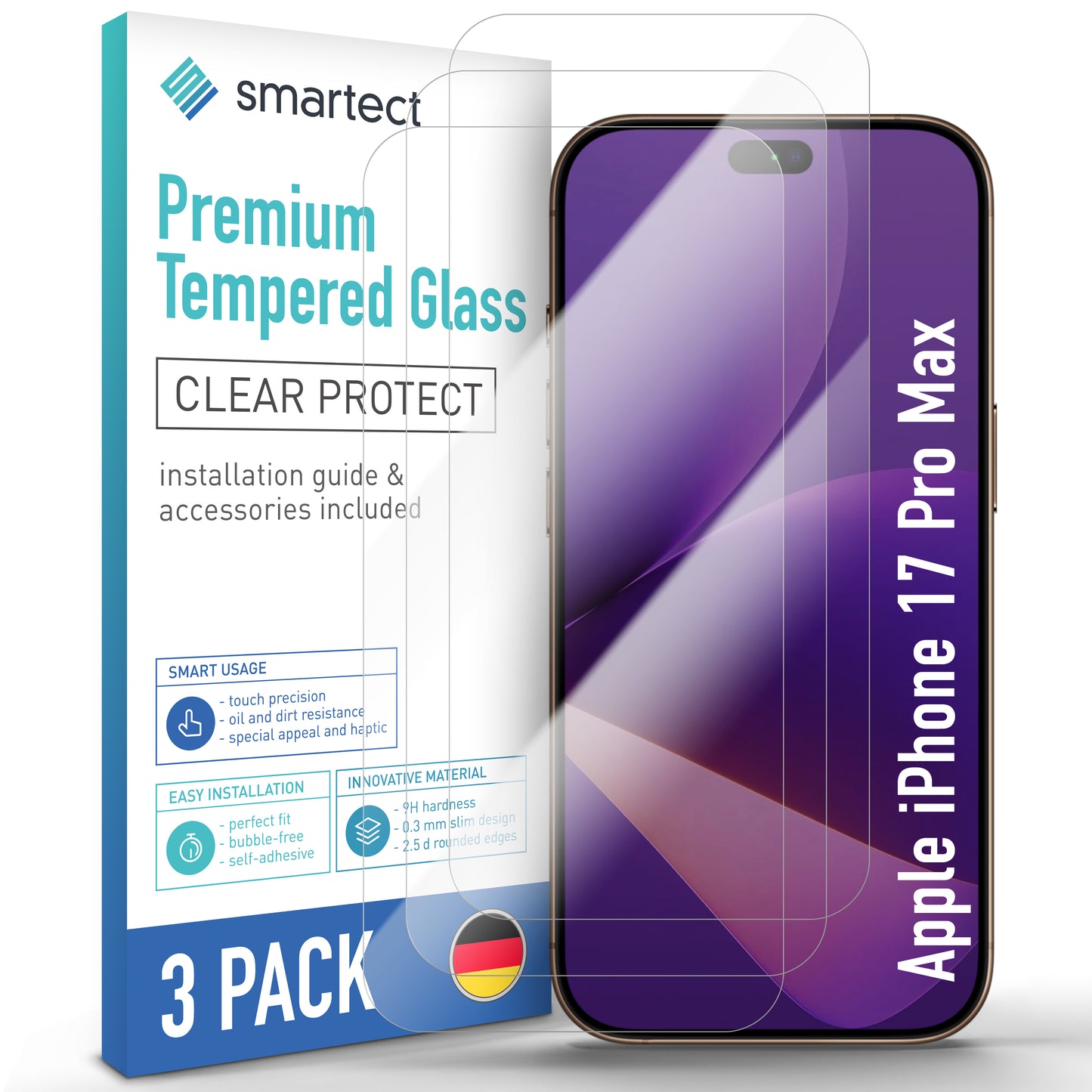 smartect Schutzglas Klar für Apple iPhone 17 Pro Max, 3 Stück