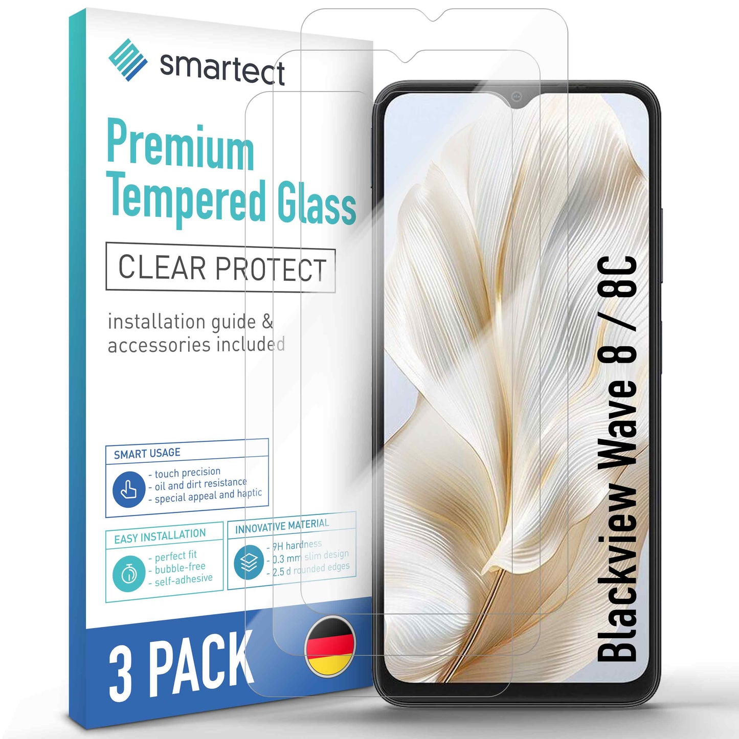 smartect Schutzglas Klar für Blackview Wave 8 / 8C, 3 Stück