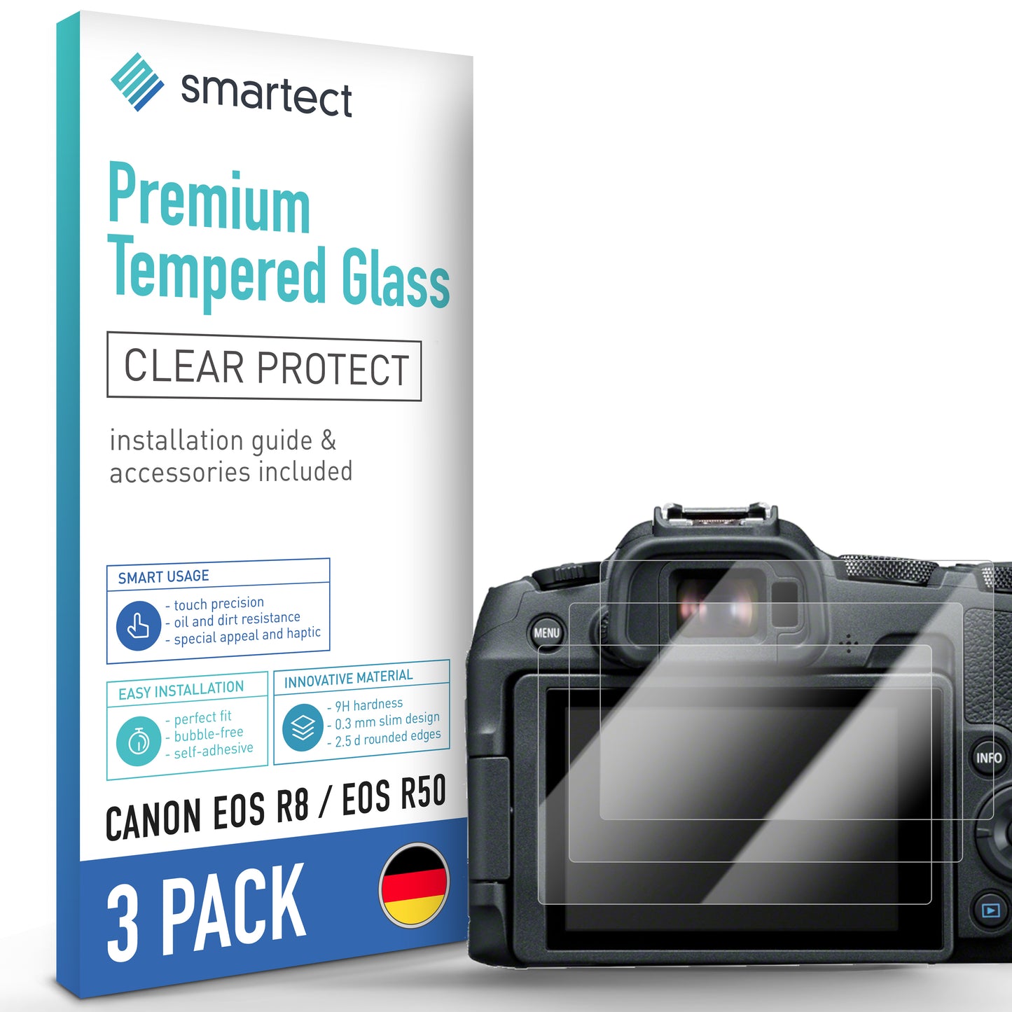 smartect Schutzglas Klar für Canon EOS R8 / EOS R50, 3 Stück