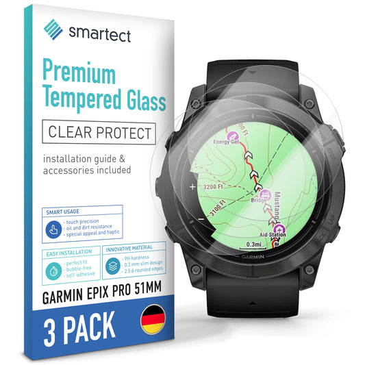 smartect Schutzglas Klar für Garmin Epix Pro 51mm, 3 Stück