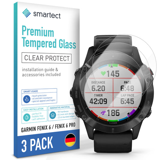 smartect Schutzglas Klar für Garmin Fenix 6 / Fenix 6 Pro (NOT 6s, 6s PRO, 6X PRO), 3 Stück