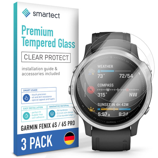 smartect Schutzglas Klar für Garmin Fenix 6S / 6S Pro / 5S, 3 Stück