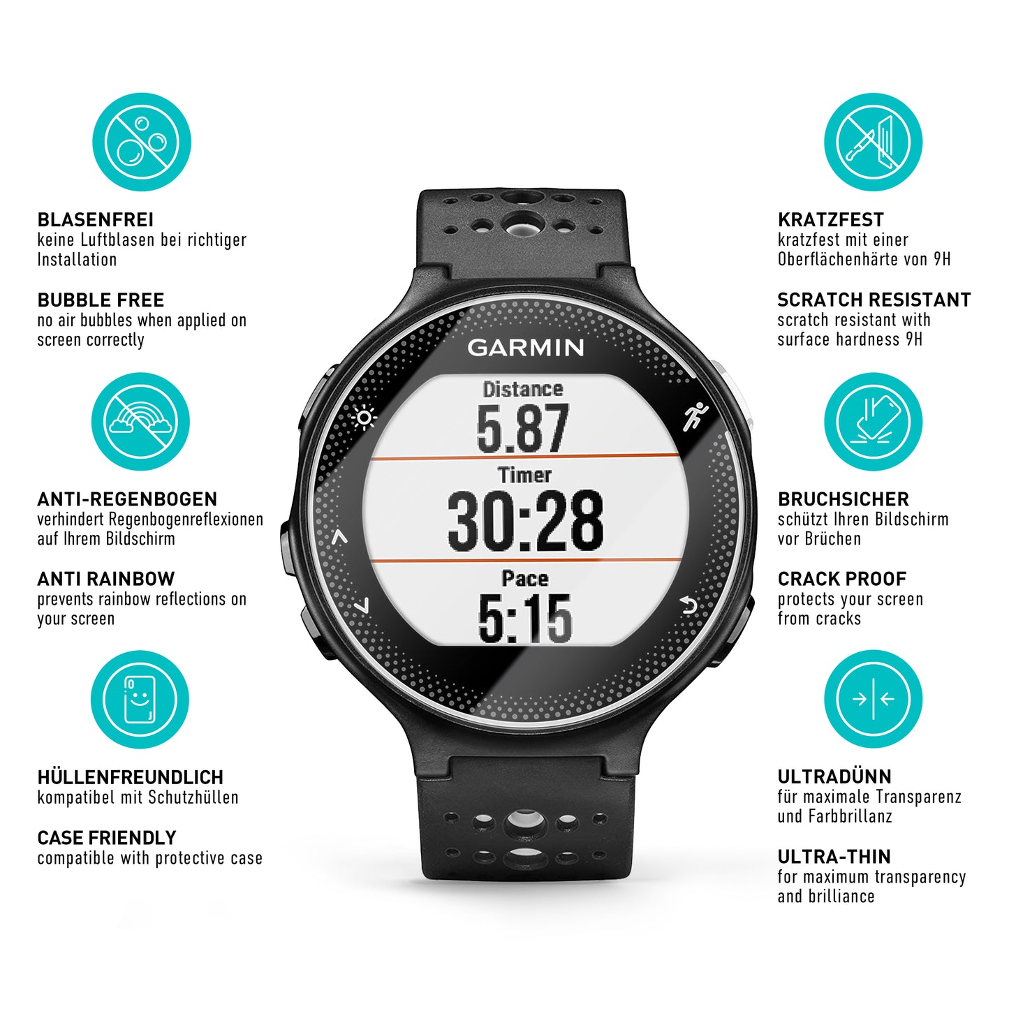 smartect Schutzglas Klar für Garmin Forerunner 235, 3 Stück