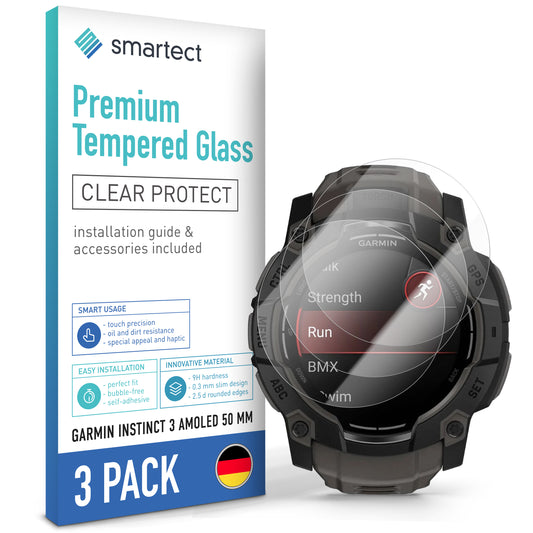 smartect Schutzglas Klar für Garmin Instinct 3 AMOLED 50 mm, 3 Stück