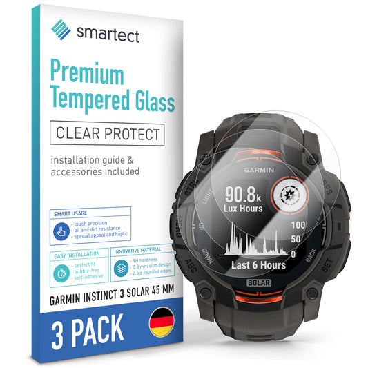 smartect Schutzglas Klar für Garmin Instinct 3 Solar 45 mm, 3 Stück