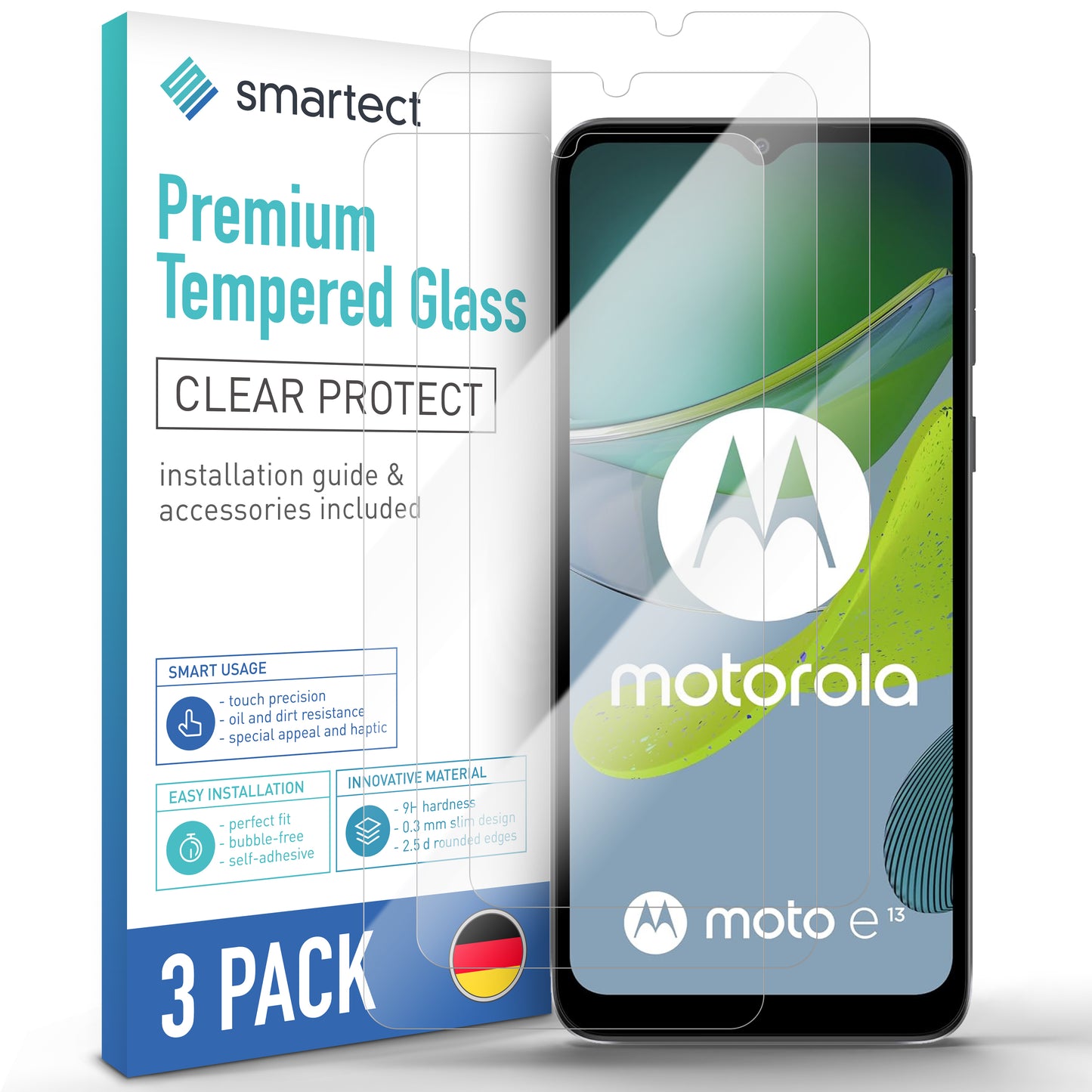 smartect Schutzglas Klar für Motorola Moto E13, 3 Stück