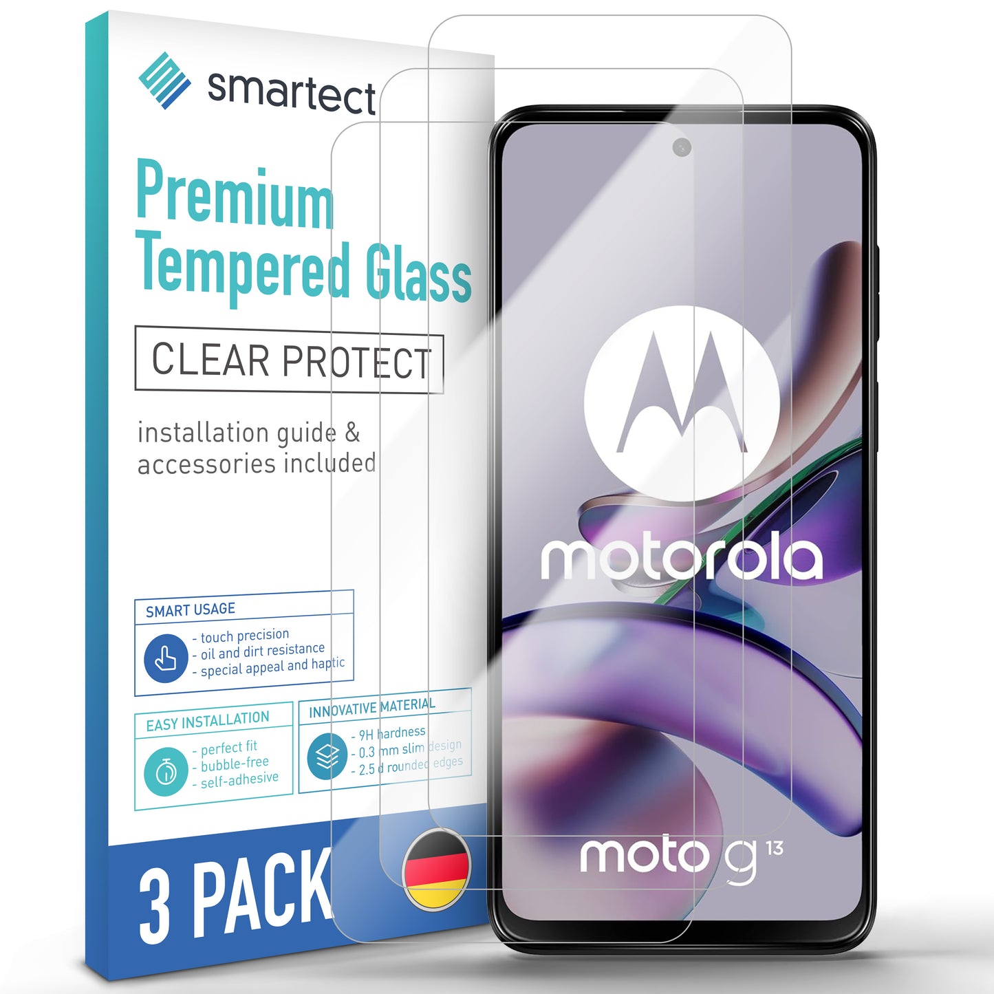 smartect Schutzglas Klar für Motorola Moto G13 / Moto G23 / Moto G53, 3 Stück