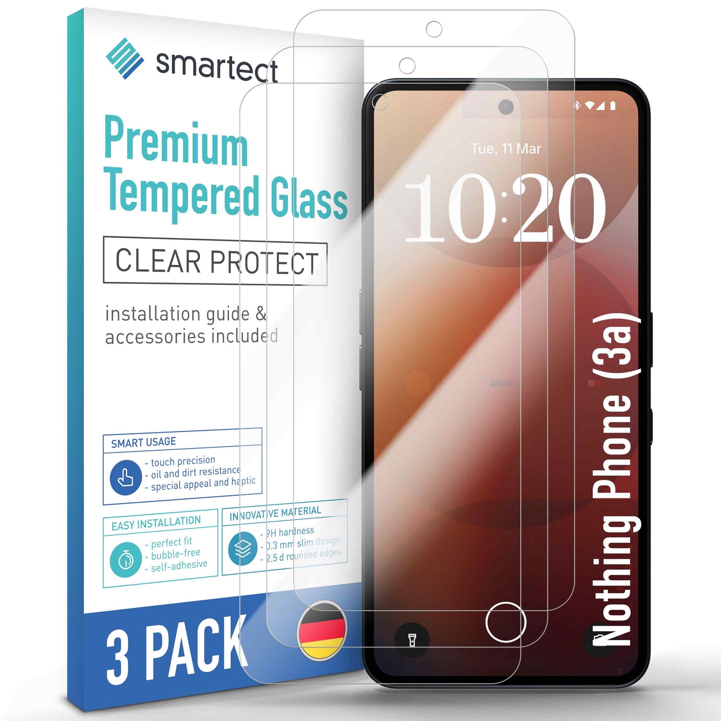smartect Schutzglas Klar für Nothing Phone (3a), 3 Stück
