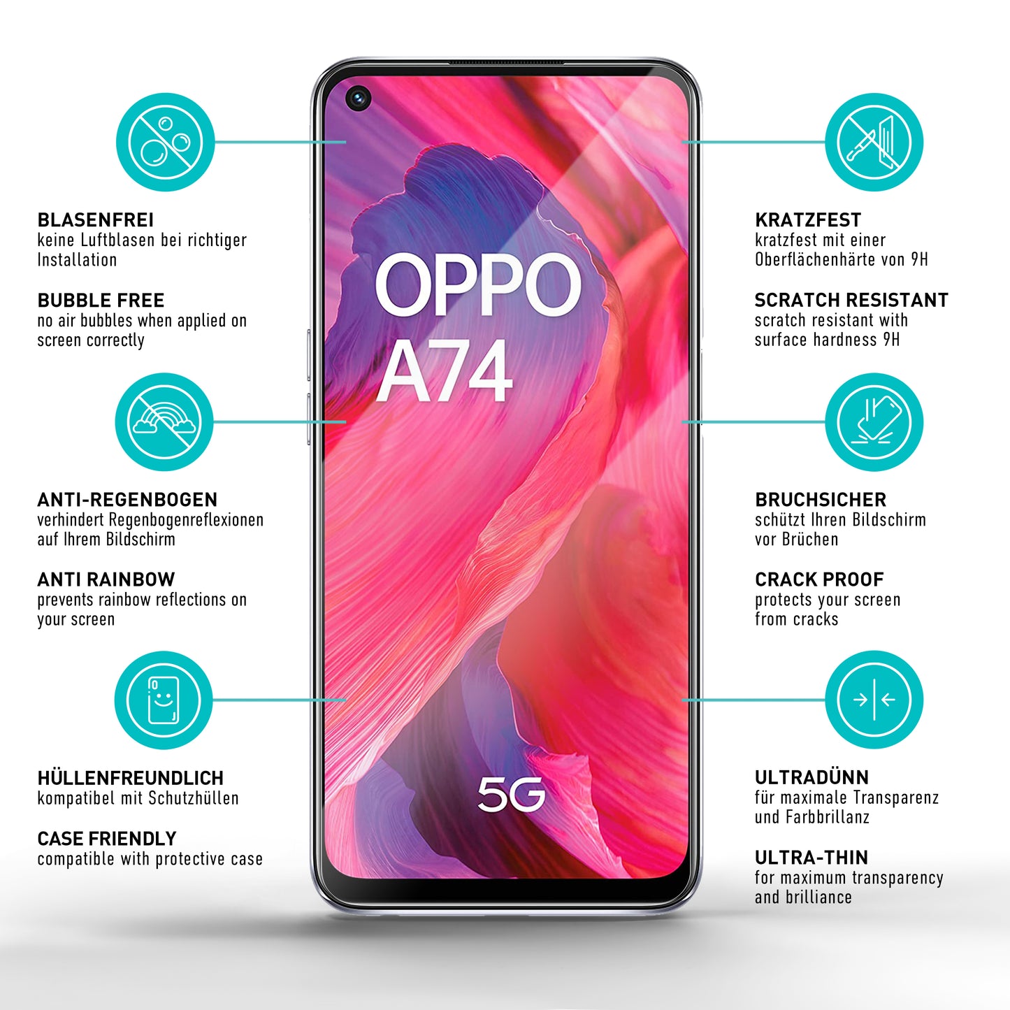 smartect Schutzglas Klar für Oppo A74 / Oppo A94 5G, 3 Stück