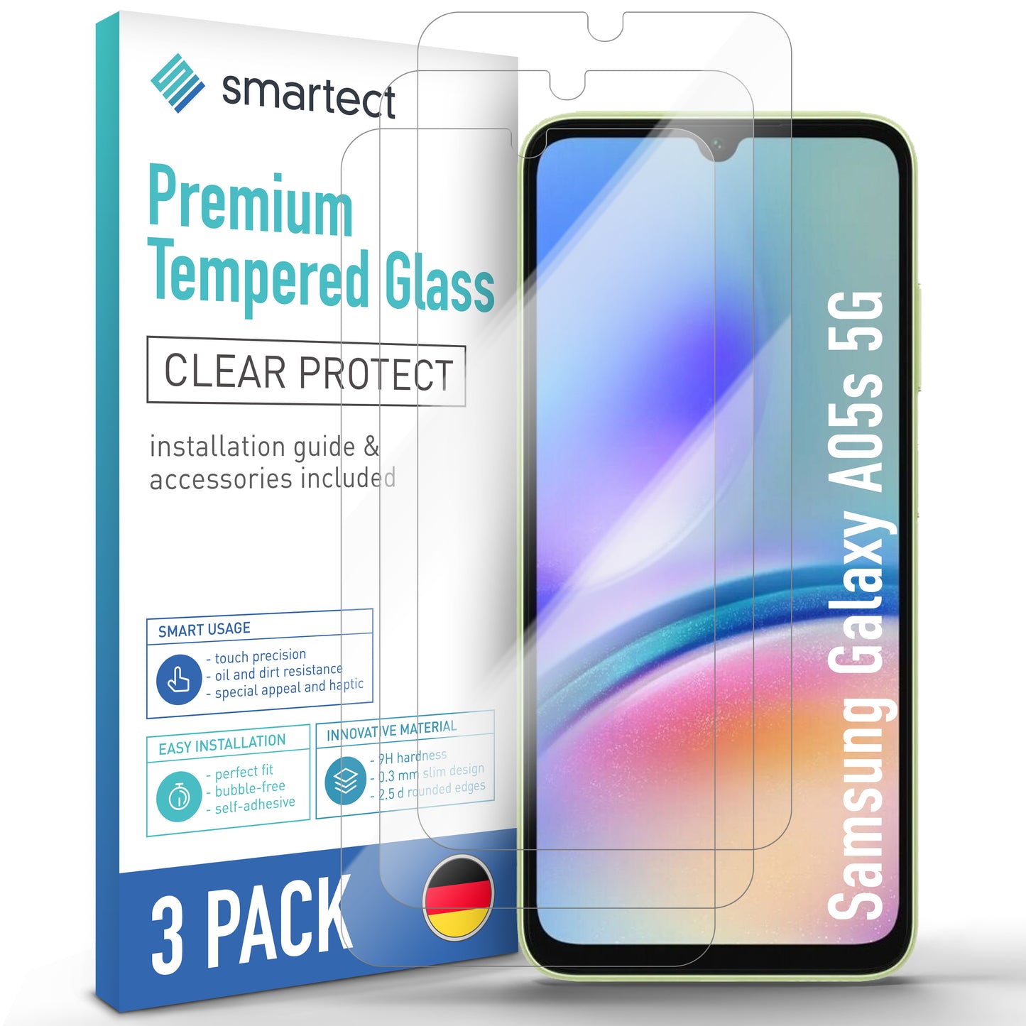 smartect Schutzglas Klar für Samsung Galaxy A05s 5G, 3 Stück