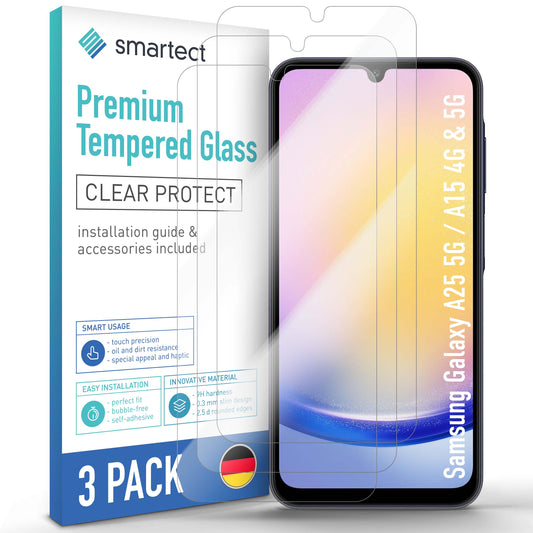 smartect Schutzglas Klar für Samsung Galaxy A25 5G / Galaxy A15 4G & 5G, 3 Stück