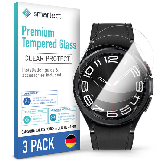 smartect Schutzglas Klar für Samsung Galaxy Watch 6 Classic 43mm, 3 Stück