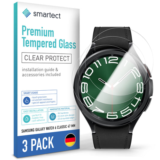 smartect Schutzglas Klar für Samsung Galaxy Watch 6 Classic 47mm, 3 Stück