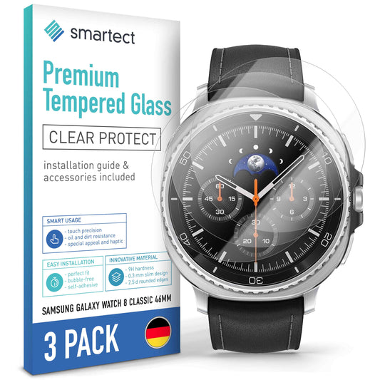 smartect Schutzglas Klar für Samsung Galaxy Watch 8 Classic 46mm, 3 Stück