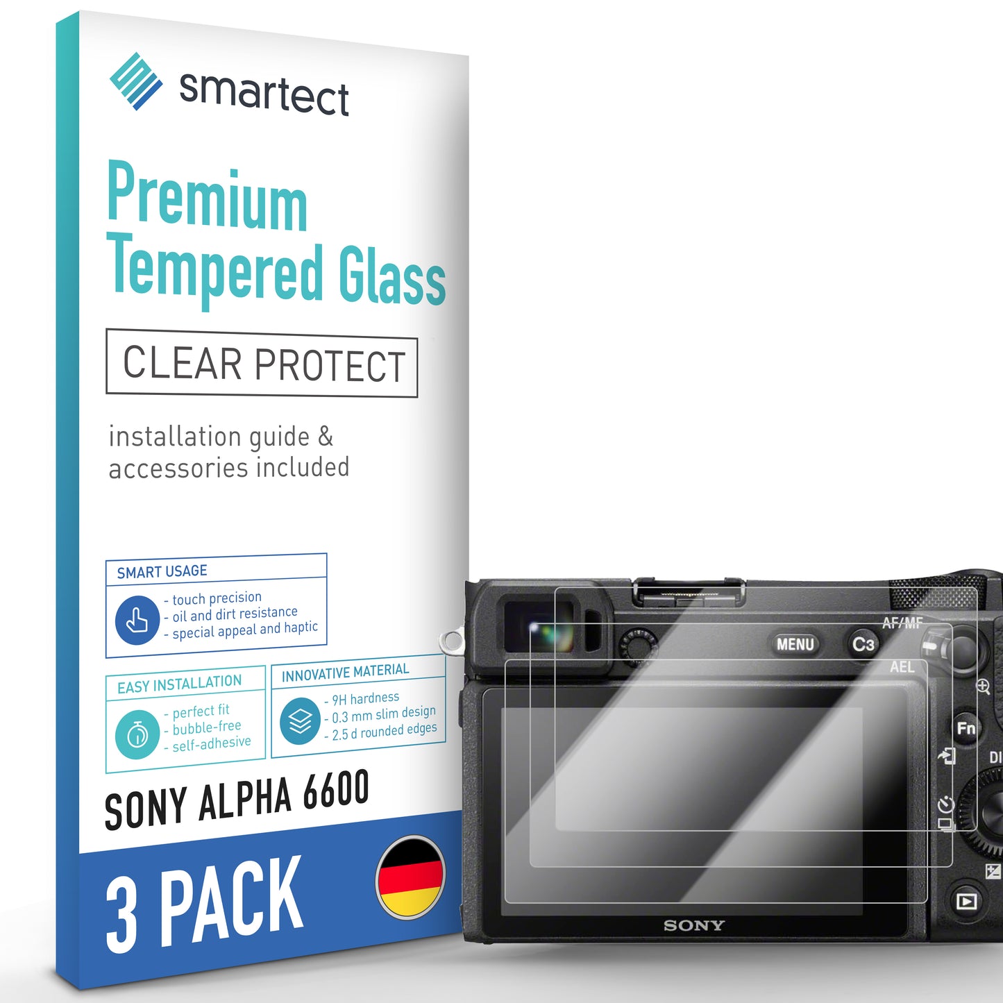 smartect Schutzglas Klar für Sony Alpha 6600, 3 Stück